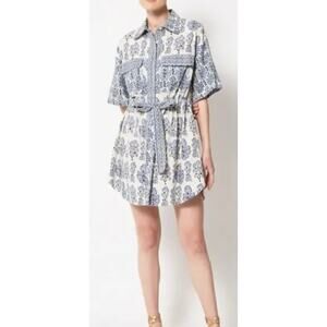 Omika Tuckernuck Carla Shirt Dress Mini Short Sleeve Tie Waist Linen Block Print